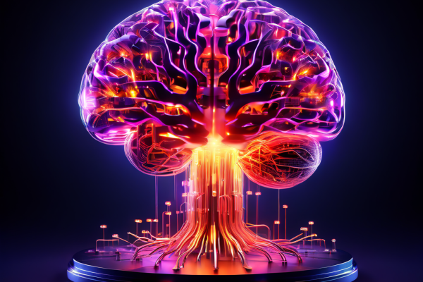 비트코인을 핵심으로 하는 디지털 뇌가 빛줄기로 분산형 오라클 노드들과 연결되어 스마트 계약 회로를 형성하는 블록체인 기술 개념을 시각화한 이미지입니다.