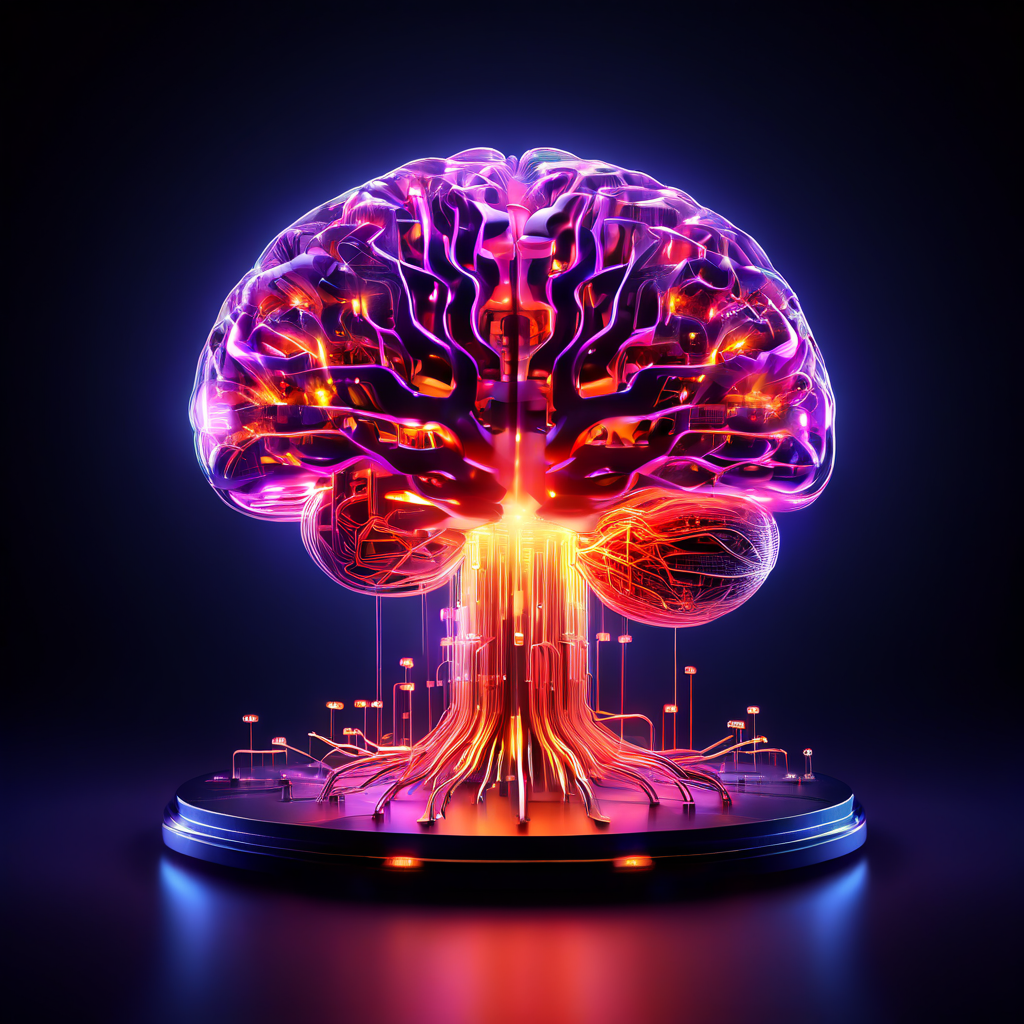 비트코인을 핵심으로 하는 디지털 뇌가 빛줄기로 분산형 오라클 노드들과 연결되어 스마트 계약 회로를 형성하는 블록체인 기술 개념을 시각화한 이미지입니다.