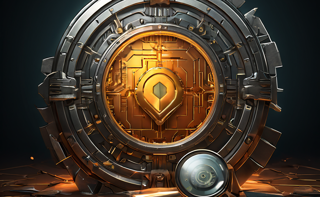 디지털 자산 보안의 취약점을 상징하는 '토큰' 디지털 금고에 금간 방패와 해저드 기호가 표시되어 있으며, 자물쇠를 확대 검사하는 돋보기가 보안 점검의 필요성을 강조합니다.