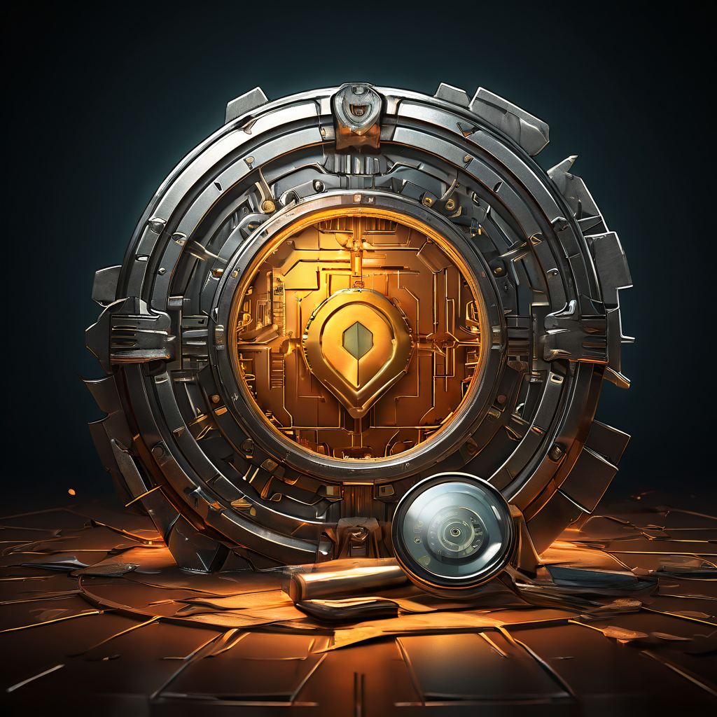 디지털 자산 보안의 취약점을 상징하는 '토큰' 디지털 금고에 금간 방패와 해저드 기호가 표시되어 있으며, 자물쇠를 확대 검사하는 돋보기가 보안 점검의 필요성을 강조합니다.