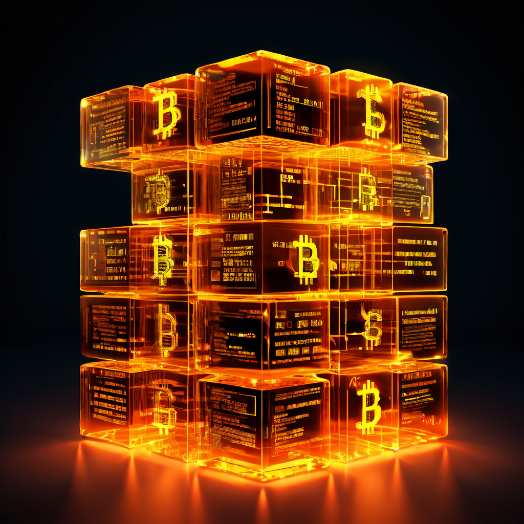 비트코인 스크립트의 핵심 연산 코드들이 적힌 빛나는 블록들이 순차적으로 처리되며 디지털 서명 검증과 같은 스마트 계약 실행 과정을 시각적으로 표현한 개념도입니다.