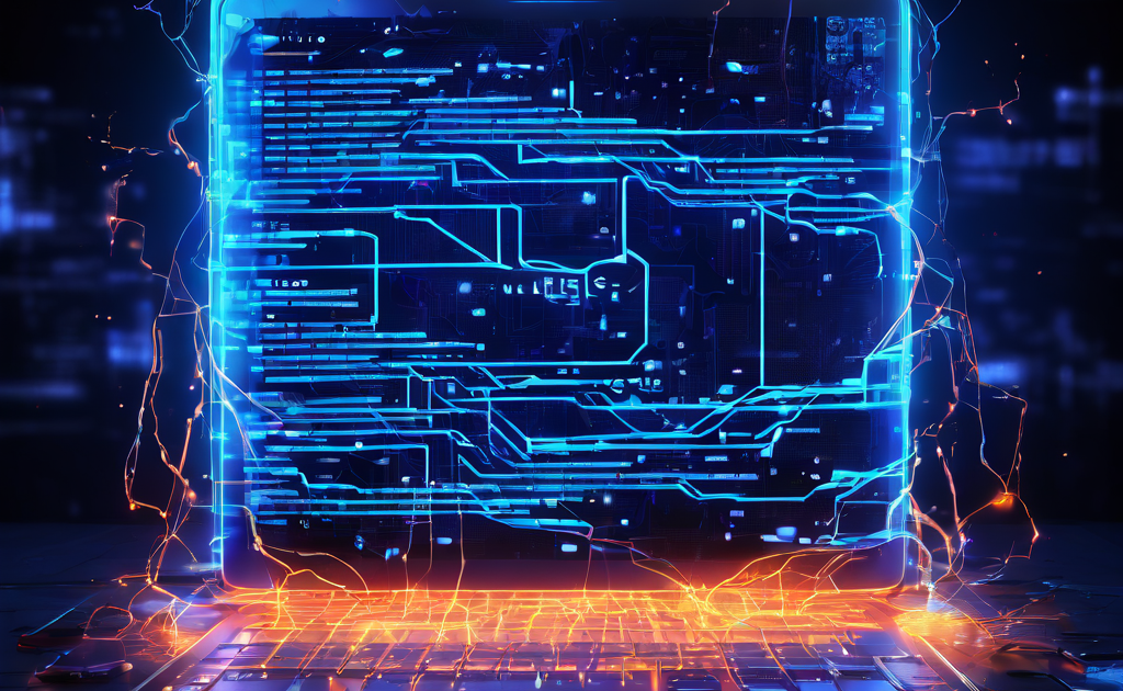 디지털 계약서가 빛을 내며 표면에 균열과 누출이 보이고, 비효율적으로 얽힌 코드와 느리게 진행되는 프로그레스 바가 주변을 둘러싸고 있는 모습을 담은 이미지입니다.