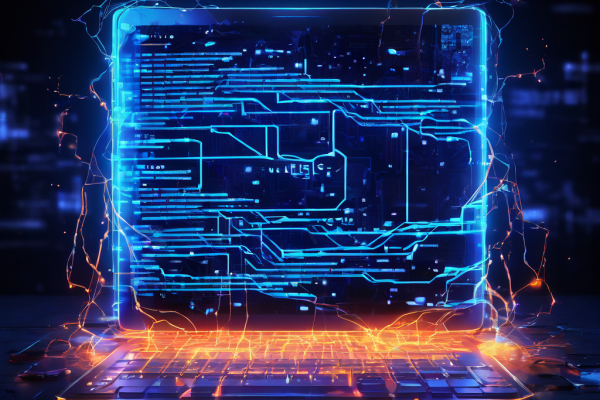 디지털 계약서가 빛을 내며 표면에 균열과 누출이 보이고, 비효율적으로 얽힌 코드와 느리게 진행되는 프로그레스 바가 주변을 둘러싸고 있는 모습을 담은 이미지입니다.