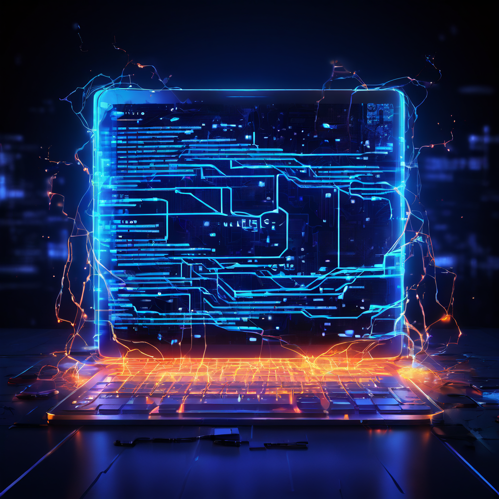 디지털 계약서가 빛을 내며 표면에 균열과 누출이 보이고, 비효율적으로 얽힌 코드와 느리게 진행되는 프로그레스 바가 주변을 둘러싸고 있는 모습을 담은 이미지입니다.