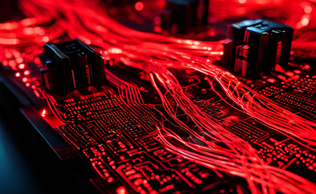 데이터 정체로 빨갛게 과열된 네트워크 케이블이 신호 왜곡과 속도 저하 아이콘을 나타내며 네트워크 병목 현상을 시각적으로 표현한 이미지입니다.