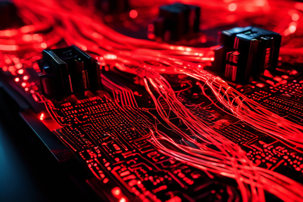 데이터 정체로 빨갛게 과열된 네트워크 케이블이 신호 왜곡과 속도 저하 아이콘을 나타내며 네트워크 병목 현상을 시각적으로 표현한 이미지입니다.