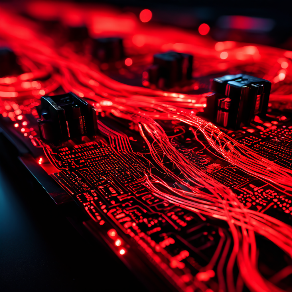 데이터 정체로 빨갛게 과열된 네트워크 케이블이 신호 왜곡과 속도 저하 아이콘을 나타내며 네트워크 병목 현상을 시각적으로 표현한 이미지입니다.