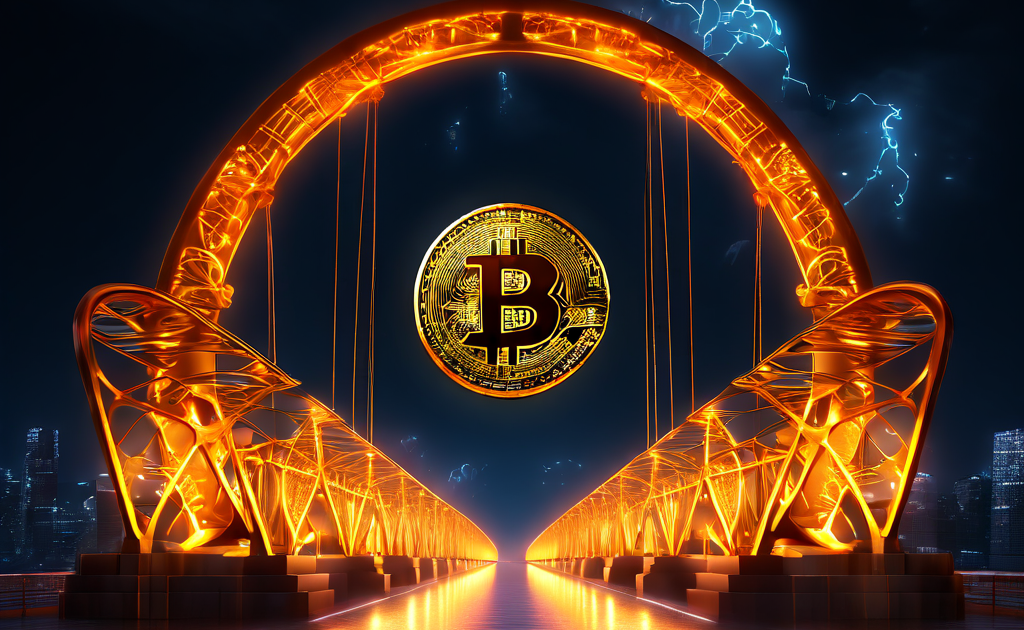두 개의 안전한 거래소 플랫폼 사이에서 비트코인 토큰이 즉시 결제되는 속도로 전송되는 과정을 상징하는 빛나는 디지털 다리의 이미지입니다.