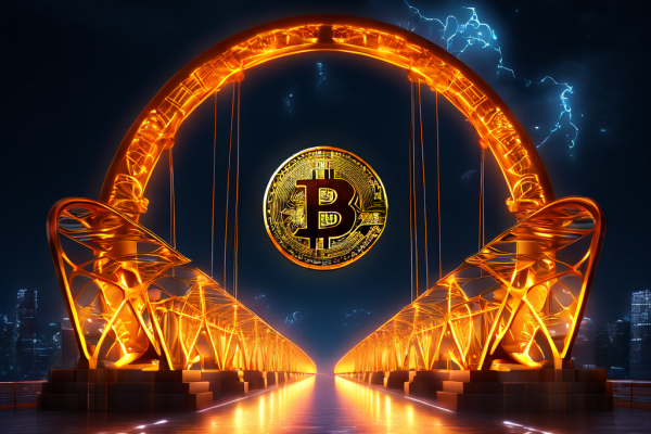 두 개의 안전한 거래소 플랫폼 사이에서 비트코인 토큰이 즉시 결제되는 속도로 전송되는 과정을 상징하는 빛나는 디지털 다리의 이미지입니다.