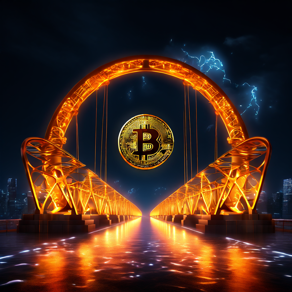 두 개의 안전한 거래소 플랫폼 사이에서 비트코인 토큰이 즉시 결제되는 속도로 전송되는 과정을 상징하는 빛나는 디지털 다리의 이미지입니다.