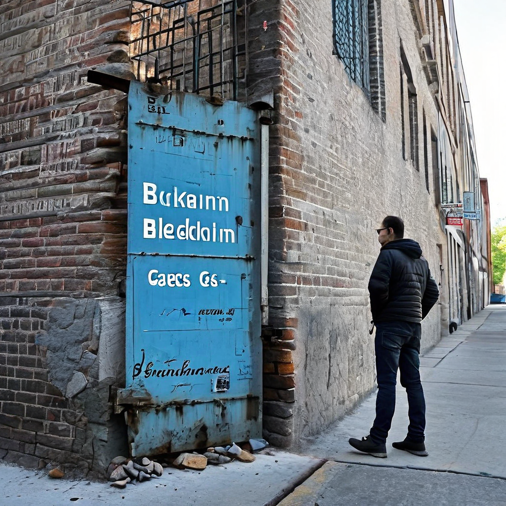 블록체인이라는 거대한 장벽 앞에 선 사용자가 높은 가스비라는 통행료 때문에 진입하지 못하고 막혀 있는 모습을 상징적으로 표현한 일러스트입니다.