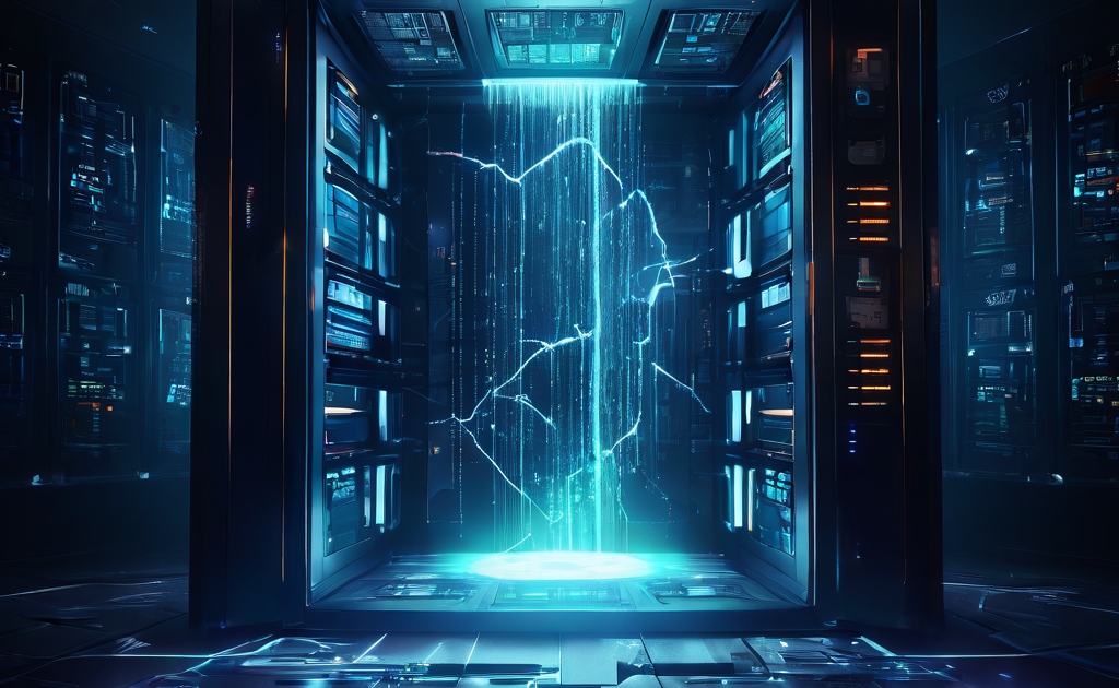 디지털 금고에 생긴 금을 통해 빛나는 코인과 금융 데이터 스트림이 어두운 공간으로 유출되는 보안 위반과 자산 손실 개념을 시각화한 이미지입니다.