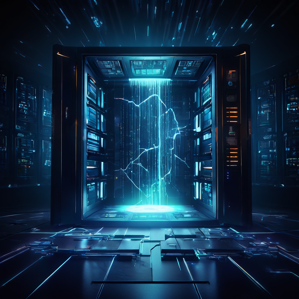 디지털 금고에 생긴 금을 통해 빛나는 코인과 금융 데이터 스트림이 어두운 공간으로 유출되는 보안 위반과 자산 손실 개념을 시각화한 이미지입니다.