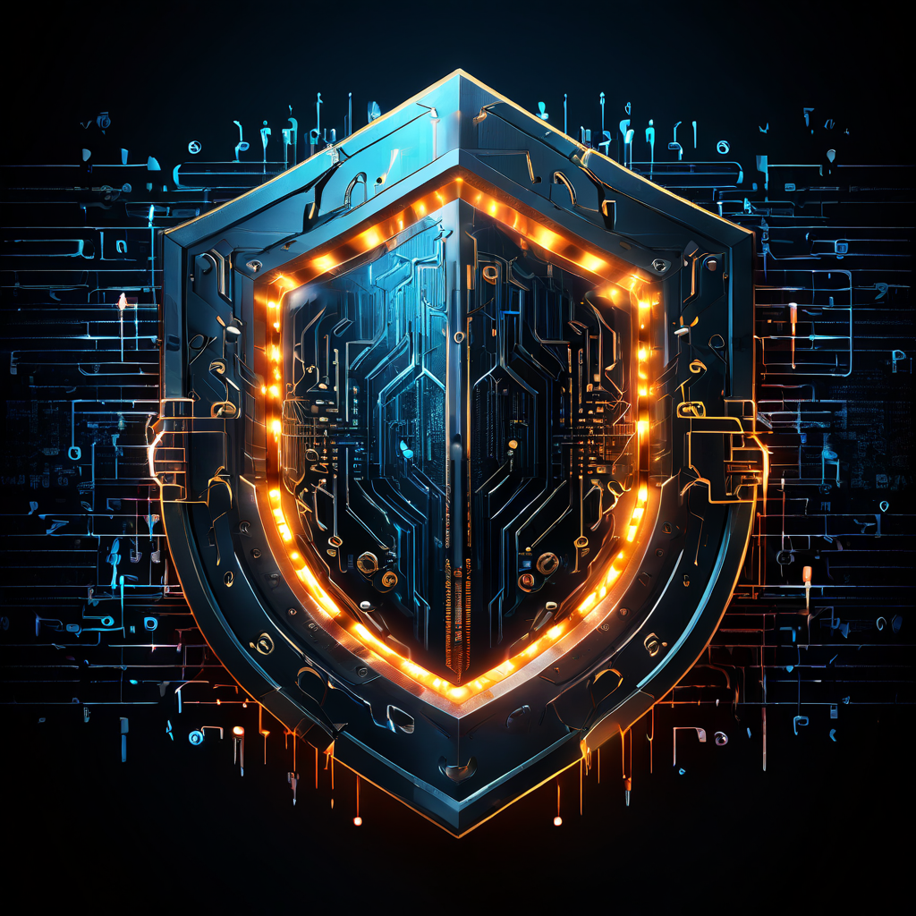 디지털 보안 방패가 코드와 이진수로 만들어진 공격 화살로부터 중앙 코어를 보호하는 사이버 보안의 핵심 개념을 시각적으로 표현한 이미지입니다.