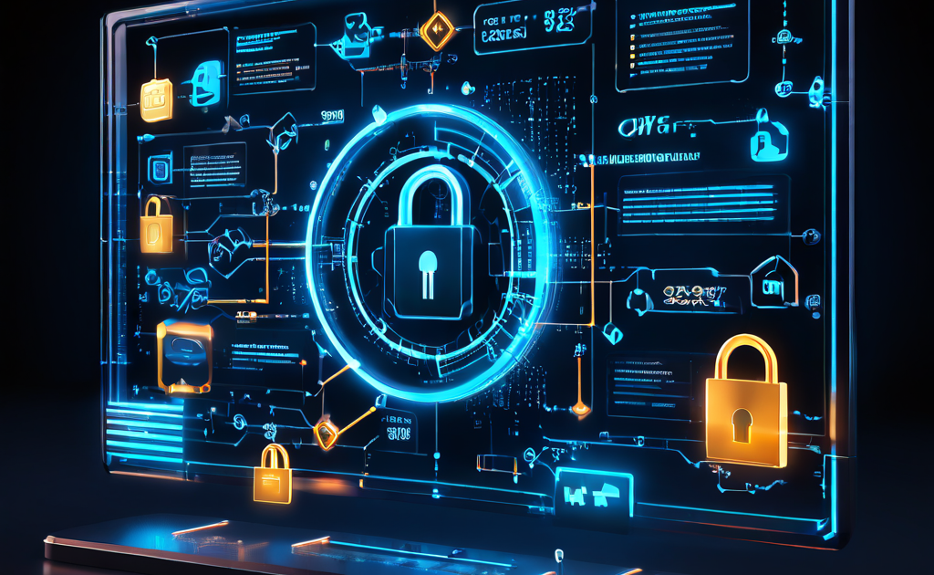 블록체인 기술의 안정성을 분석하는 디지털 프레임워크로, 빛나는 데이터 연결 고리와 차트, 보안 자물쇠 아이콘이 포함된 미래지향적 대시보드를 나타냅니다.