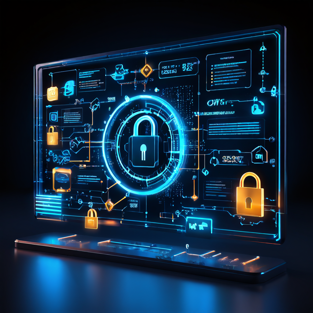 블록체인 기술의 안정성을 분석하는 디지털 프레임워크로, 빛나는 데이터 연결 고리와 차트, 보안 자물쇠 아이콘이 포함된 미래지향적 대시보드를 나타냅니다.