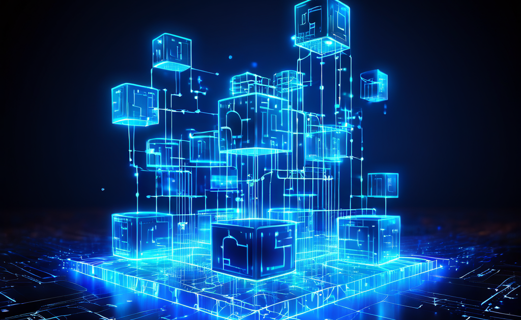 블록체인 네트워크에서 신뢰가 형성되는 과정을 상징적으로 표현한 이미지로, 서로 연결된 블록체인 블록들 위로 신뢰 점수가 빛나는 디지털 데이터로 상승하는 모습을 묘사하고 있습니다.