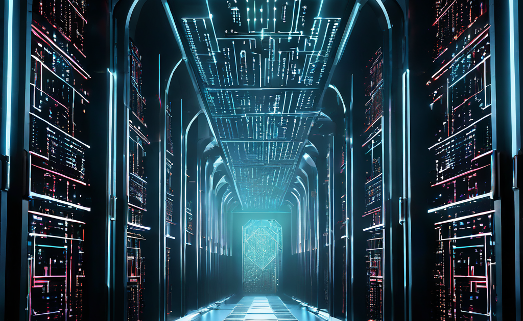 중앙 데이터 저장소를 이루는 격리된 구역들이 디지털 키카드를 통한 승인된 접근으로만 안전하게 연결되는 차세대 정보 보안 구조를 개념적으로 묘사한 이미지입니다.