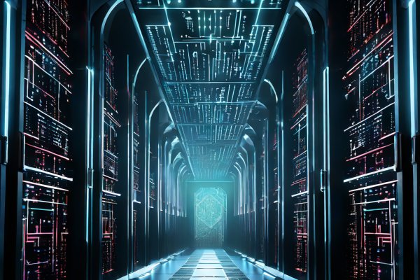 중앙 데이터 저장소를 이루는 격리된 구역들이 디지털 키카드를 통한 승인된 접근으로만 안전하게 연결되는 차세대 정보 보안 구조를 개념적으로 묘사한 이미지입니다.