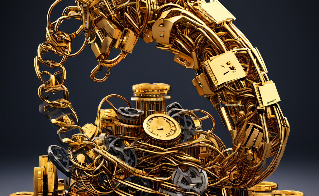 자동화된 금융 기술을 상징하는 로봇 손이 금화를 쌓는 반면, 뒤엉킨 구식 케이블과 기어가 유산 시스템의 한계를 드러내는 이미지입니다.