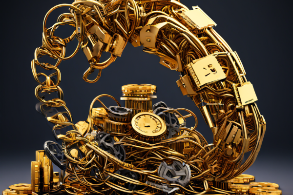 자동화된 금융 기술을 상징하는 로봇 손이 금화를 쌓는 반면, 뒤엉킨 구식 케이블과 기어가 유산 시스템의 한계를 드러내는 이미지입니다.