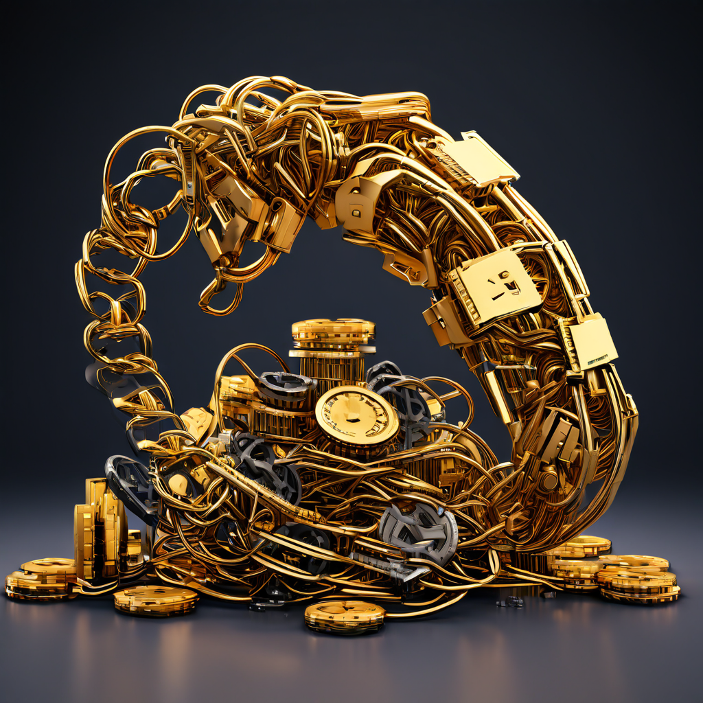 자동화된 금융 기술을 상징하는 로봇 손이 금화를 쌓는 반면, 뒤엉킨 구식 케이블과 기어가 유산 시스템의 한계를 드러내는 이미지입니다.