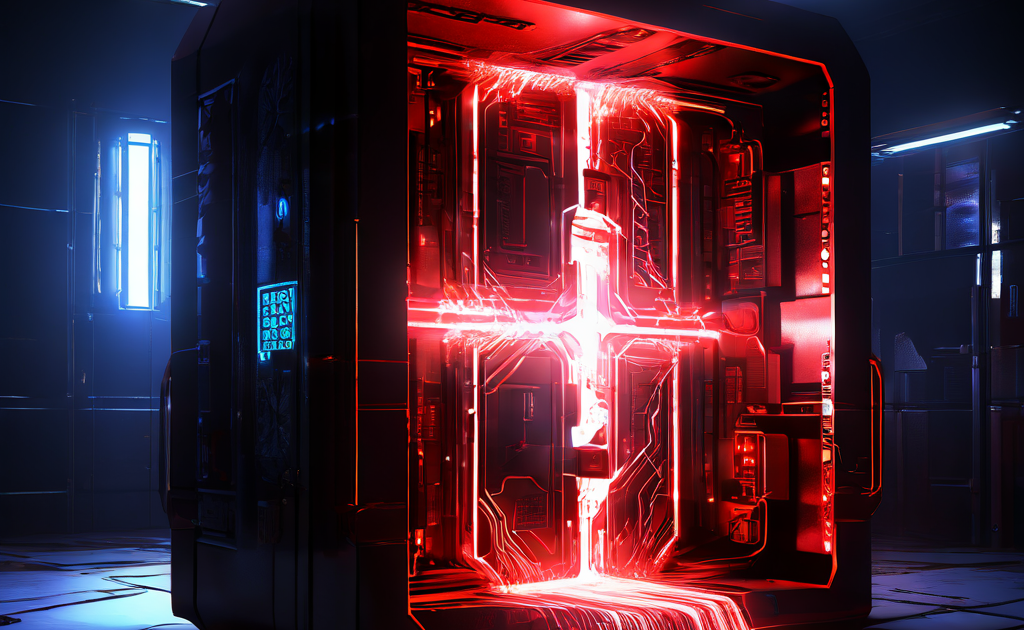 진단 스캐너 빔이 내부의 손상된 단일 데이터 파일을 비추면서 큰 균열이 발생한 빛나는 디지털 금고가 사이버 보안 위협과 데이터 손상 위험을 상징적으로 보여줍니다.