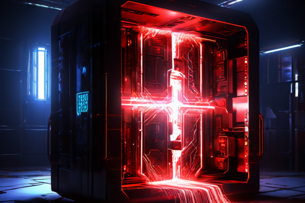 진단 스캐너 빔이 내부의 손상된 단일 데이터 파일을 비추면서 큰 균열이 발생한 빛나는 디지털 금고가 사이버 보안 위협과 데이터 손상 위험을 상징적으로 보여줍니다.