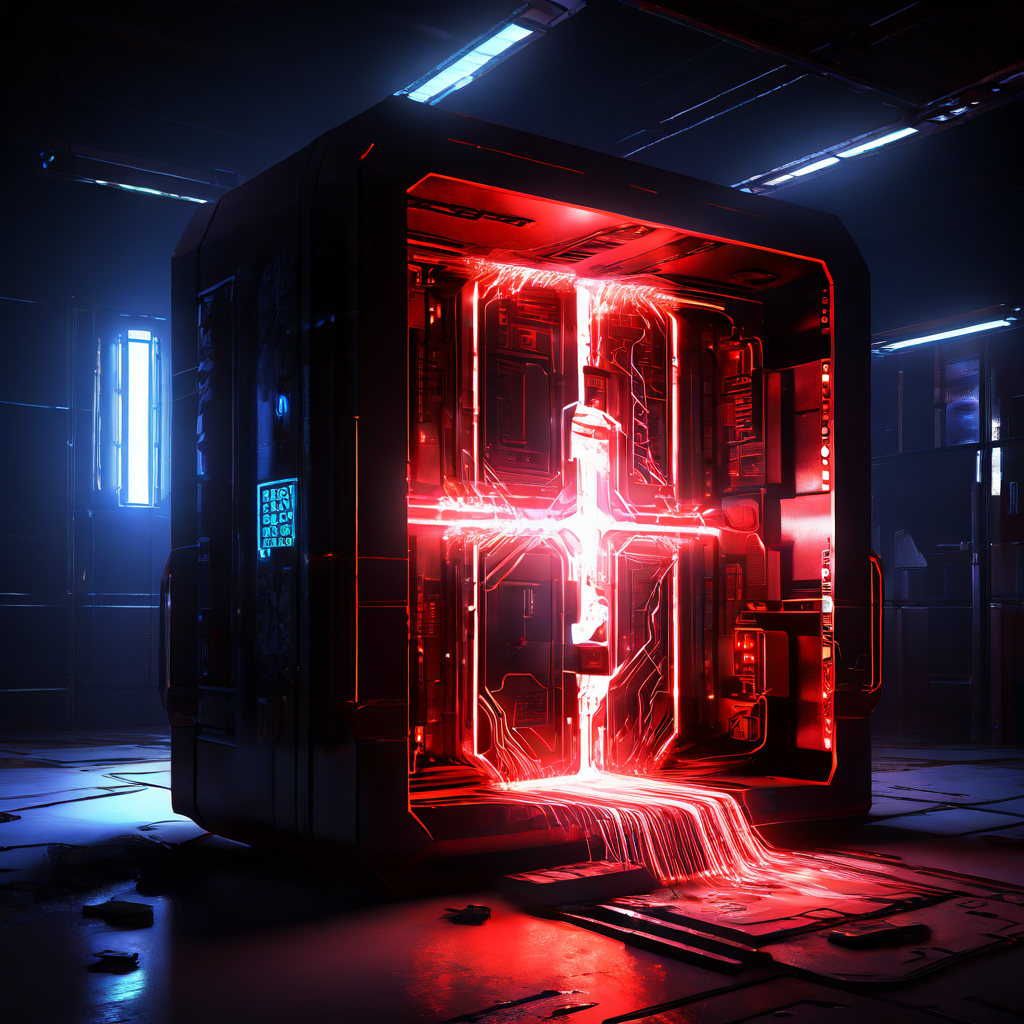 진단 스캐너 빔이 내부의 손상된 단일 데이터 파일을 비추면서 큰 균열이 발생한 빛나는 디지털 금고가 사이버 보안 위협과 데이터 손상 위험을 상징적으로 보여줍니다.