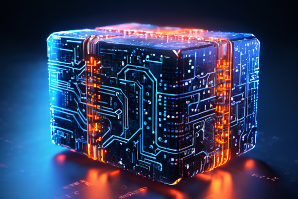 블록체인의 불변적 보안성을 상징하는 디지털 원장이 빛나며, 그 구조를 이루는 암호화된 해시 체인이 분해되지 않고 견고하게 연결된 모습을 나타낸 이미지입니다.