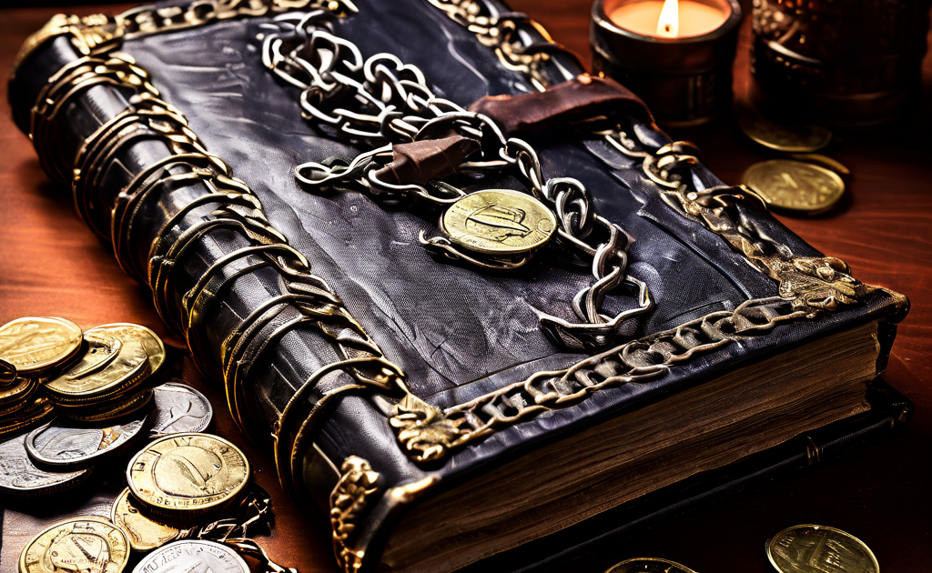 사슬로 묶인 낡은 원장 책과 함께 통제 불가능한 비용 요인을 상징하는 동전과 달러 표시가 치솟는 재무 관리의 어려움을 표현한 이미지입니다.