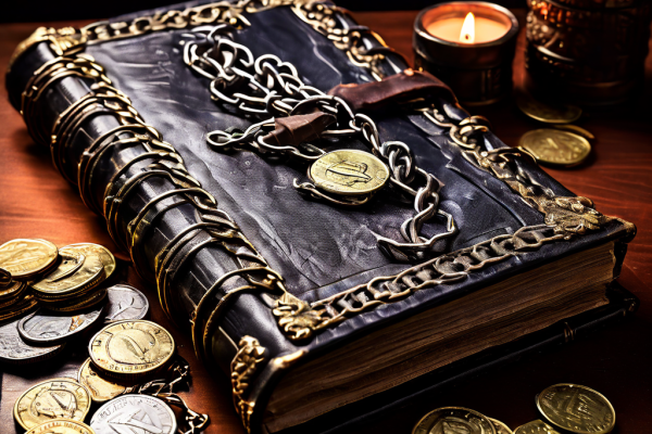 사슬로 묶인 낡은 원장 책과 함께 통제 불가능한 비용 요인을 상징하는 동전과 달러 표시가 치솟는 재무 관리의 어려움을 표현한 이미지입니다.