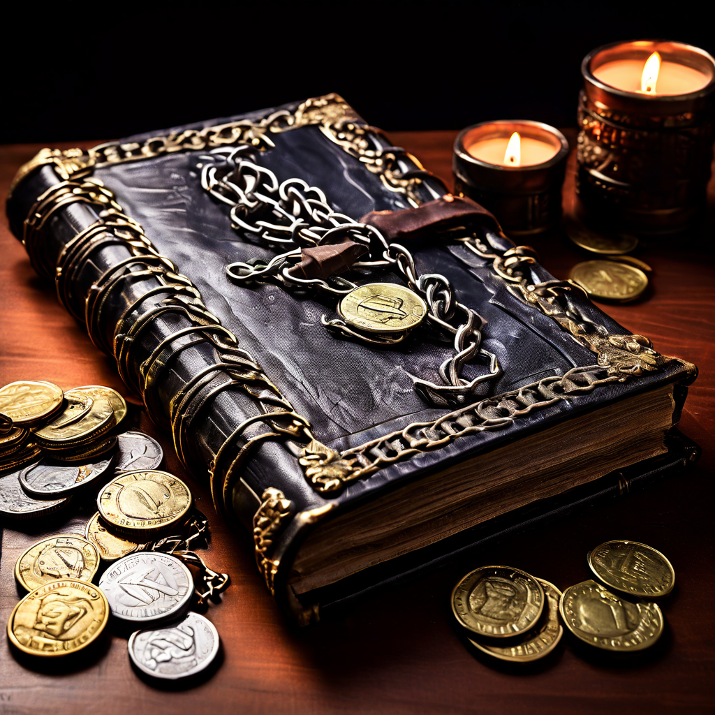 사슬로 묶인 낡은 원장 책과 함께 통제 불가능한 비용 요인을 상징하는 동전과 달러 표시가 치솟는 재무 관리의 어려움을 표현한 이미지입니다.