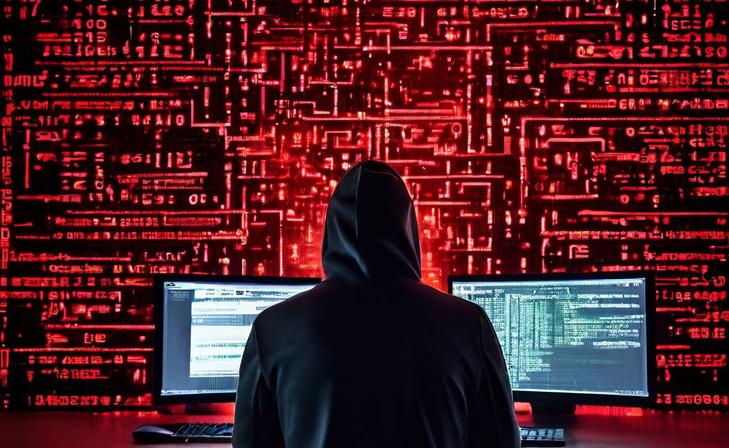 복잡한 디지털 자물쇠와 해독할 수 없는 코드가 표시된 컴퓨터 화면을 보며 좌절한 표정으로 막힌 상황을 고민하는 사람의 모습입니다.