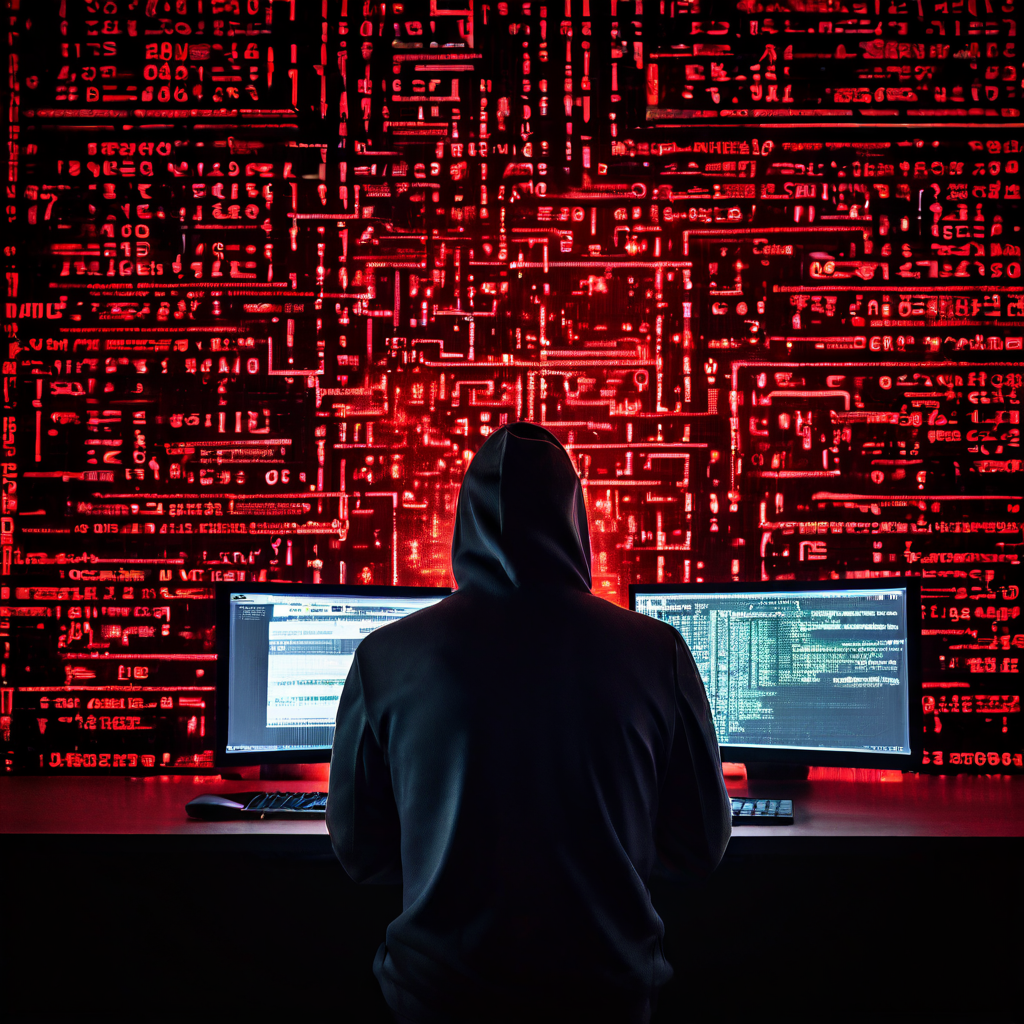 복잡한 디지털 자물쇠와 해독할 수 없는 코드가 표시된 컴퓨터 화면을 보며 좌절한 표정으로 막힌 상황을 고민하는 사람의 모습입니다.