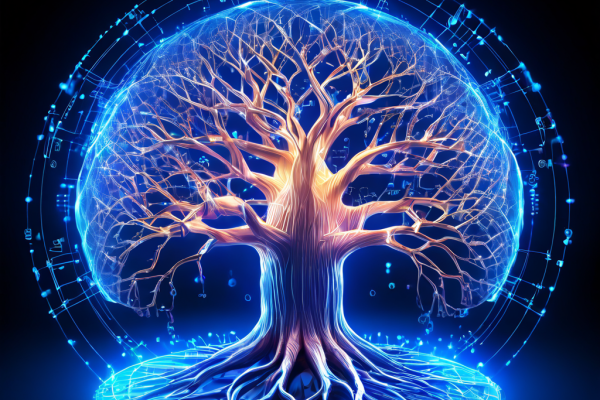 블록체인 네트워크가 합의 알고리즘의 진화를 통해 단순한 연결에서 복잡하고 빛나는 웹 구조로 업그레이드되는 개념을 시각적으로 표현한 이미지입니다.