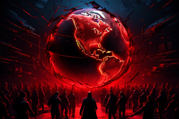 사이버 보안 위협으로 인해 디지털 지구가 어둠의 그림자와 위협 벡터에 포위되고 방화벽과 보호막이 균열을 일으키는 심각한 상황을 상징적으로 묘사한 이미지입니다.