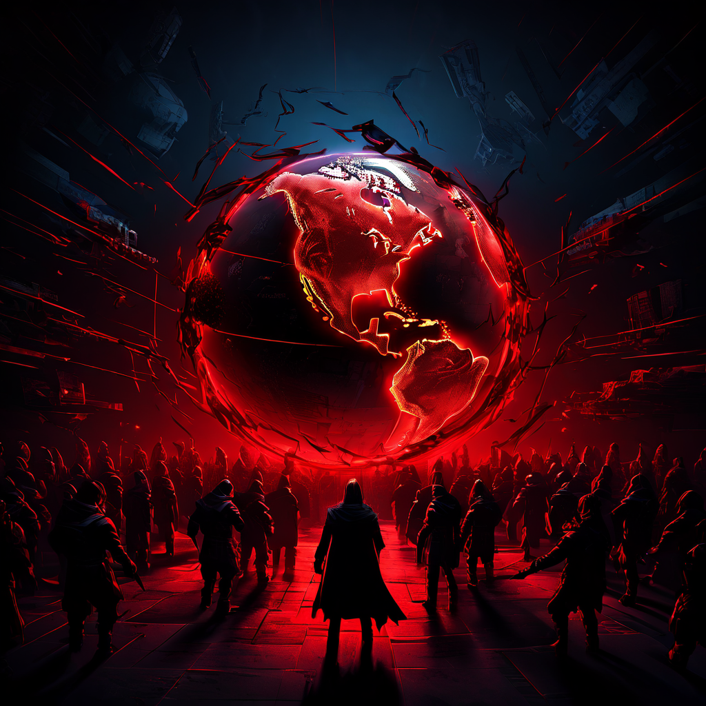 사이버 보안 위협으로 인해 디지털 지구가 어둠의 그림자와 위협 벡터에 포위되고 방화벽과 보호막이 균열을 일으키는 심각한 상황을 상징적으로 묘사한 이미지입니다.