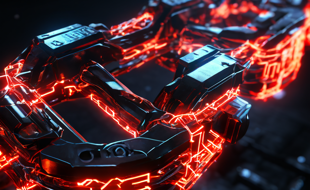 격투 게임의 전술 도표처럼 격파된 체인 링크에 프레임 데이터와 히트박스가 빛나는 디지털 정보로 오버레이된 근접 샷을 묘사한 이미지입니다.