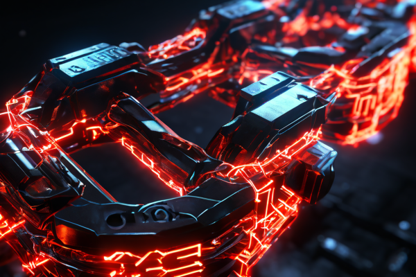 격투 게임의 전술 도표처럼 격파된 체인 링크에 프레임 데이터와 히트박스가 빛나는 디지털 정보로 오버레이된 근접 샷을 묘사한 이미지입니다.