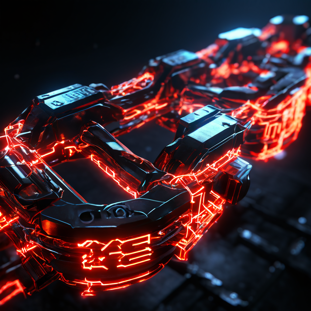 격투 게임의 전술 도표처럼 격파된 체인 링크에 프레임 데이터와 히트박스가 빛나는 디지털 정보로 오버레이된 근접 샷을 묘사한 이미지입니다.