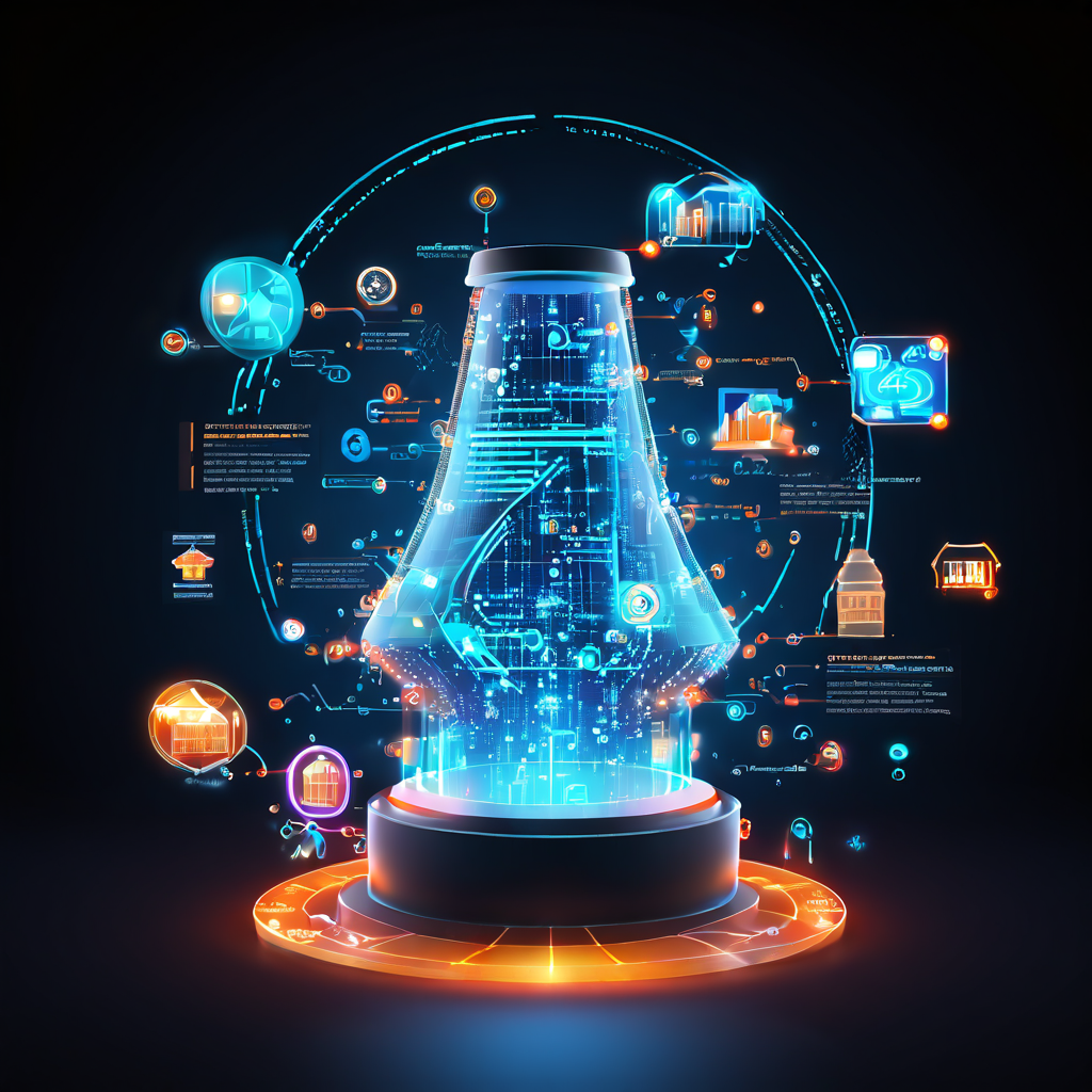 블록체인 링크가 상승하며 다양한 채널로 크레딧을 재분배하는 빛나는 디지털 마케팅 퍼널을 확대경으로 데이터 흐름을 재평가하는 분석 과정을 시각화한 개념도입니다.