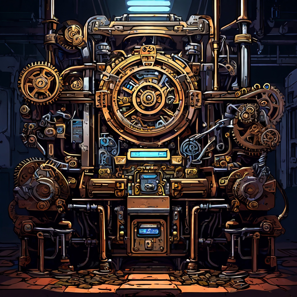 결함 있는 기어와 경고 표시가 입력구를 막아 자동화된 동전 분배 시스템이 누수와 불균형을 일으키며 제대로 작동하지 못하는 모습을 보여주는 이미지입니다.