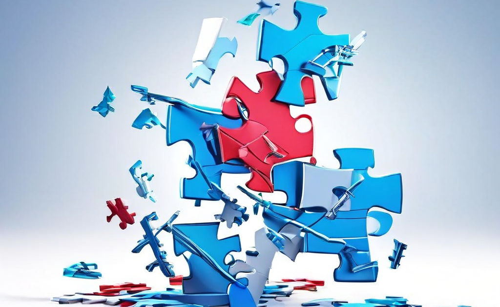 토큰 베스팅이 퍼즐 조각처럼 서로 맞물려 파손된 금융 구조를 복구하는 해결책을 상징적으로 표현한 개념 이미지입니다.