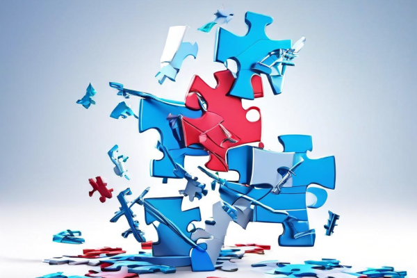 토큰 베스팅이 퍼즐 조각처럼 서로 맞물려 파손된 금융 구조를 복구하는 해결책을 상징적으로 표현한 개념 이미지입니다.