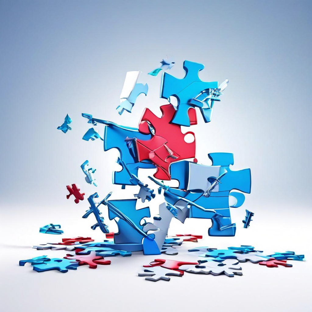 토큰 베스팅이 퍼즐 조각처럼 서로 맞물려 파손된 금융 구조를 복구하는 해결책을 상징적으로 표현한 개념 이미지입니다.