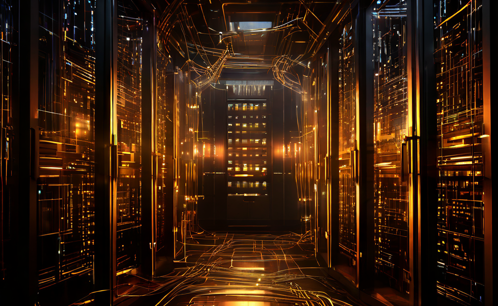 디지털 데이터와 빛나는 코인으로 얽힌 어두운 그물망이 전통적인 은행 금고의 투명하고 견고한 구조를 압박하는 모습을 상징적으로 표현한 이미지입니다.