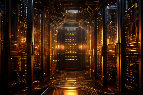 디지털 데이터와 빛나는 코인으로 얽힌 어두운 그물망이 전통적인 은행 금고의 투명하고 견고한 구조를 압박하는 모습을 상징적으로 표현한 이미지입니다.