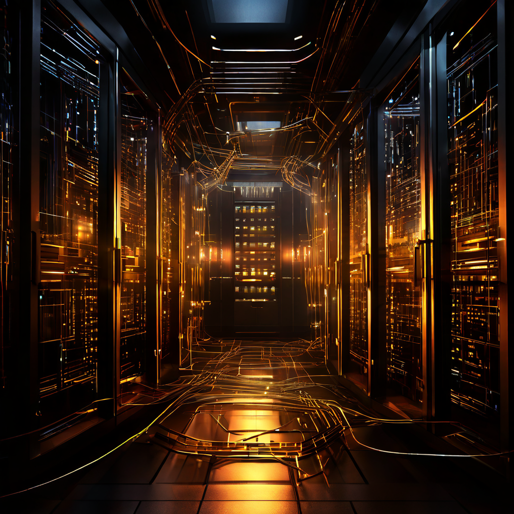 디지털 데이터와 빛나는 코인으로 얽힌 어두운 그물망이 전통적인 은행 금고의 투명하고 견고한 구조를 압박하는 모습을 상징적으로 표현한 이미지입니다.